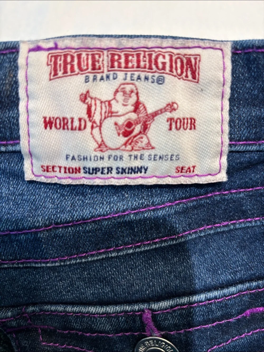 True Religion Skinny Jeans in Dark Blue with Purple Stitching - Picture 2 of 11